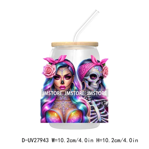 Rainbow Diamond Glamor Latina Skeleton UV DTF Transfer Stickers Decals For Libbey Cold Cups Mugs Tumbler Chicana Latina Woman