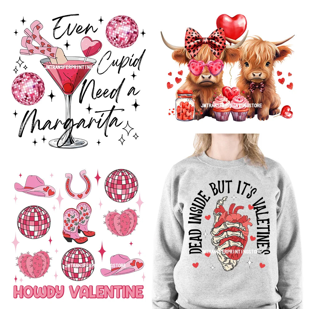 Western Highland Cow Valentine Decals Dead Inside But It's Valentine's Funny Skeleton XOXO Love DTF Transfer Stickers For Shirts