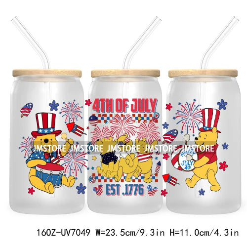 Happy 4TH Of July Cartoon Bear Friends 16OZ UV DTF Cup Wrap Transfer Stickers For Libbey Glass Can Cups Tumbler Waterproof Craft