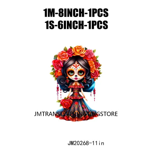 Cute Doll La Catrina Day Of The Dead Sugar Skull Mexican Halloween Iron On DTF Transfer Stickers Ready To Press For Hoodies Bags