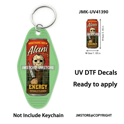 Halloween Horror Killer Energy Drink UV DTF Motel Keychain Decal Ready To Ship Durable Transfer Stickers Logo For Hotel Keychain