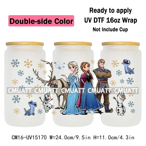 Double Sided Color UV DTF Cup Wraps 16OZ Bulk Waterproof Wholesale Custom Cartoon Cute Princess Mug Glass Water Bottles Sticker