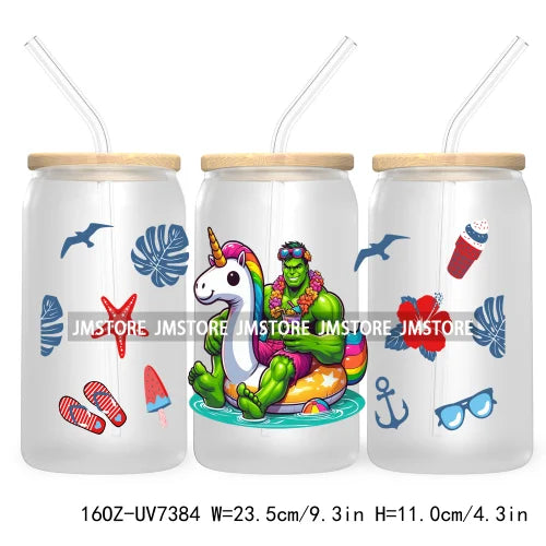 Hero Cartoon Summer Vacation 16OZ UV DTF Cup Wrap Transfers Stickers Custom Labels Durable Waterproof Logo For Libbey Glass Can