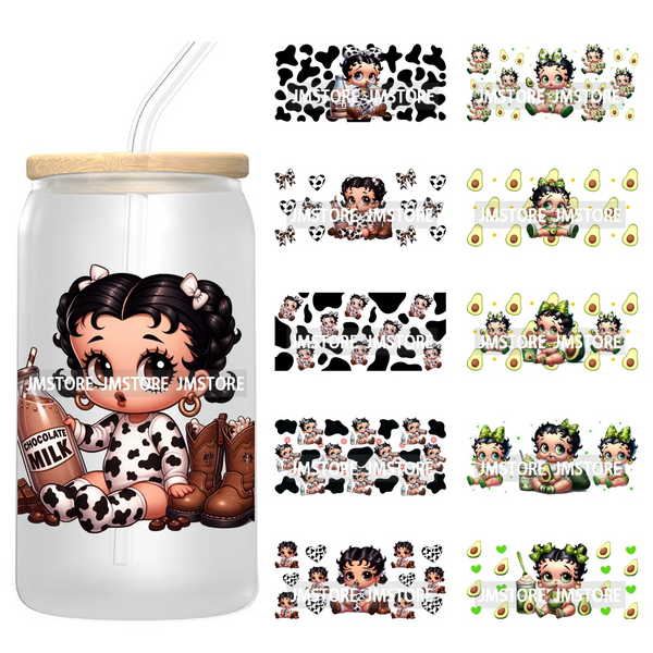 Cow Milk Coquette Avocado Cartoon Girl UV DTF Wraps Transfer Sticker Selfadhesive Waterproof For 16OZ Libbey Glass Can Tumbler