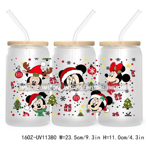 Cute Kids Cartoon Character With Christmas Lights Tree Xmas Holiday UV DTF Transfer 16OZ Libbey Glass Can Wrap Ready to Apply