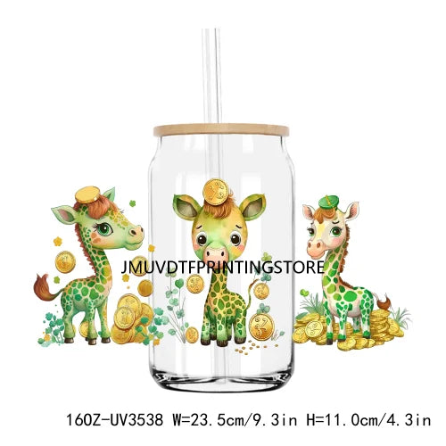 Green St. Patrick's Day UV DTF Sticker For 16OZ Libbey Glass Cup Can Lucky Shamrock Wrap Transfer Sticker Custom Labels DIY Logo