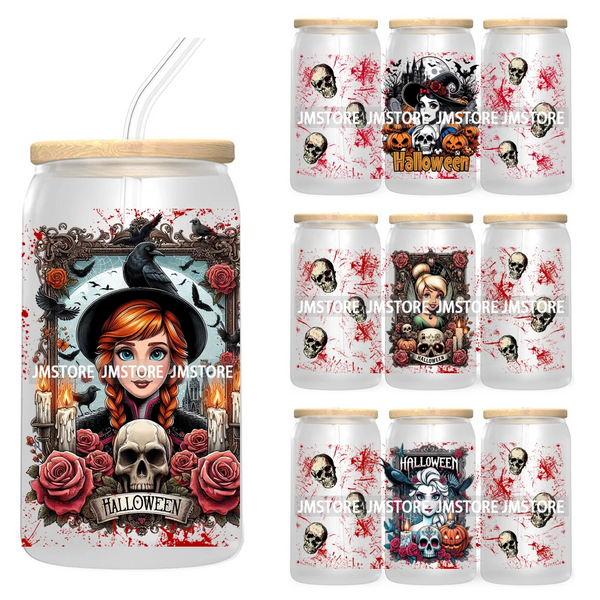 Spooky Halloween Princess 16OZ UV Cup Wrap DTF Transfer Sticker For Libbey Glass Can Cup Tumbler Waterproof Label Trick or Treat