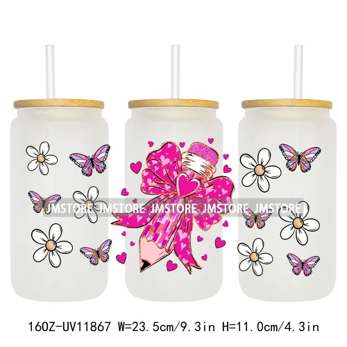 Coquette Bow Pencil 16OZ UV Cup Wrap DTF Transfer Stickers For Libbey Glass Can Cups Tumbler Cherry Heart Love Valentines Day