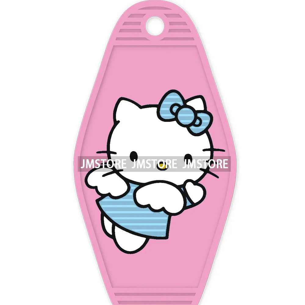 Cute Cartoon Pink Hello Cat With Bow Flower High Quality WaterProof UV DTF Sticker For Motel Hotel Keychain Labels DIY Logo