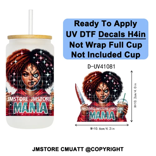 Scary Movie Character Afro Girls Halloween UV DTF Transfer Stickers Decals Ready To Apply Waterproof For 16OZ Libbey Glass Can