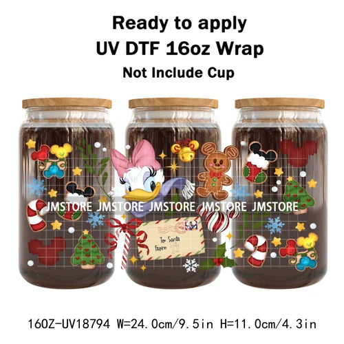 Cartoon Christmas Gingerbread Cookie 16OZ UV DTF Cup Wraps Ready To Apply Waterproof Transfer Stickers For Libbey Glass Can Mugs