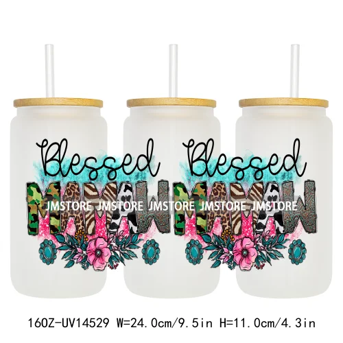 Floral Blessed Mama Leopard Mom 16OZ UV DTF Cup Wraps Ready To Apply Waterproof Transfer Stickers For Libbey Glass Can Tumbler