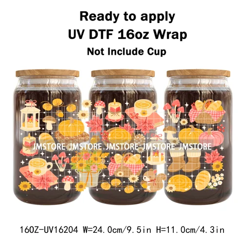 Cozy Autumn Food Fall Leaves Pumpkin 16OZ UV DTF Cup Wraps Ready To Apply Waterproof Transfer Stickers For Libbey Glass Can Mugs
