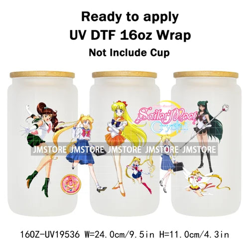 Sailor Girls Inspired Anime Fan Cartoon Characters UV DTF Transfer Sticker Cup Tumbler Wrap For 16OZ Libbey Glass Wraps Bottle
