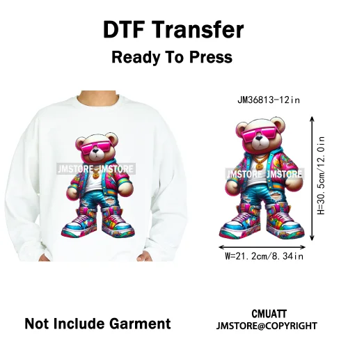 12in Cartoon Gangster Hip Hop Streetwear Teddy Bear Lover Designs Iron on DTF Heat Transfers Stickers Ready to Press for Hoodies