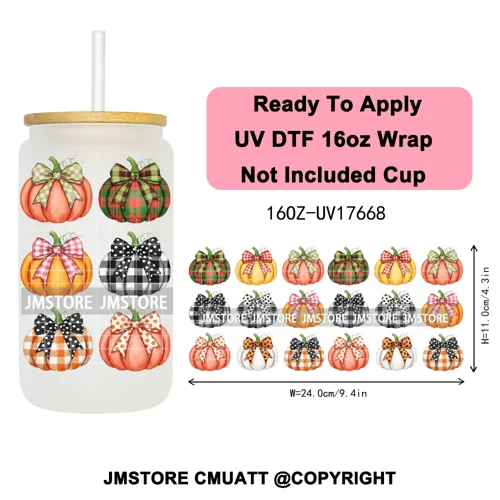 Halloween Fall Autumn Pumpkins Coquette Leopard Bow UV DTF Cup Wrap 16OZ Ready To Apply Transfer Stickers For Libbey Glass Can