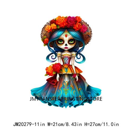 Cute Doll La Catrina Day Of The Dead Sugar Skull Mexican Halloween Iron On DTF Transfer Stickers Ready To Press For Hoodies Bags