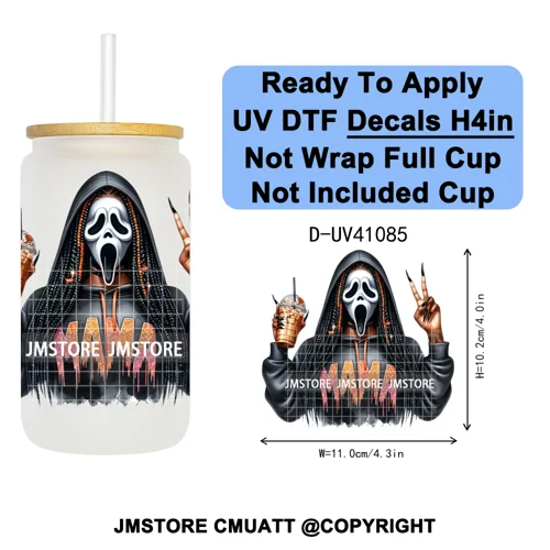 Scary Movie Character Afro Girls Halloween UV DTF Transfer Stickers Decals Ready To Apply Waterproof For 16OZ Libbey Glass Can