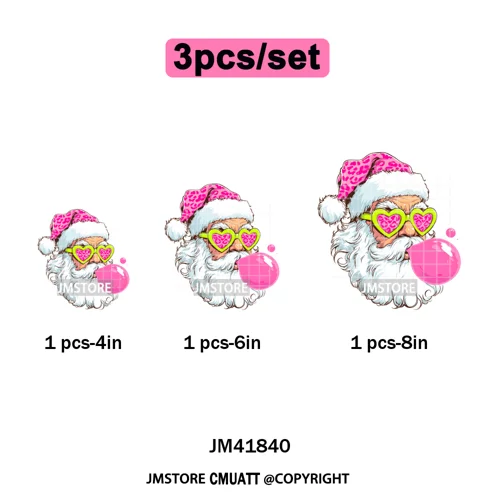 Pink Cartoon Glasses Coffee Drink Leopard Blowing Santa Claus Christmas Iron on DTF Transfer Stickers Ready to Press for T-shirt