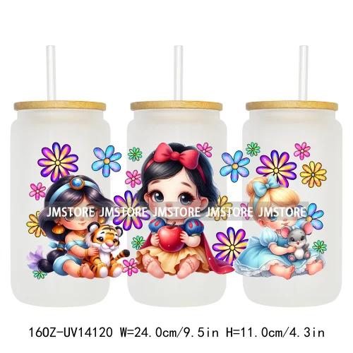 Cartoon Baby Princess Floral Flowers UV DTF Wraps Transfer Stickers Ready To Apply Waterproof For 16OZ Libbey Glass Can Tumblers