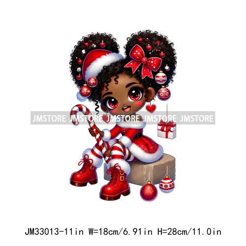 Fashion Black Santa Girls Candy Cane Afro Kids Christmas Season Iron On DTF Transfers Stickers Ready To Press For Sweatshirts