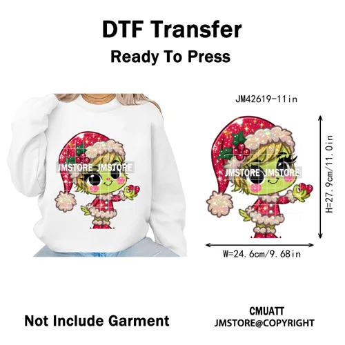 Faux Glitter Cartoon Christmas Movie Green Santa Kid Girly Xmas Iron on DTF Washable Transfer Sticker Ready to Press for Textile