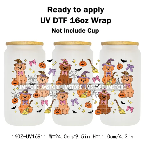 Spooky Season Halloween Pumpkin Ghost Witch Dogs UV DTF Wraps Transfer Sticker Selfadhesive Waterproof For 16OZ Libbey Glass Can