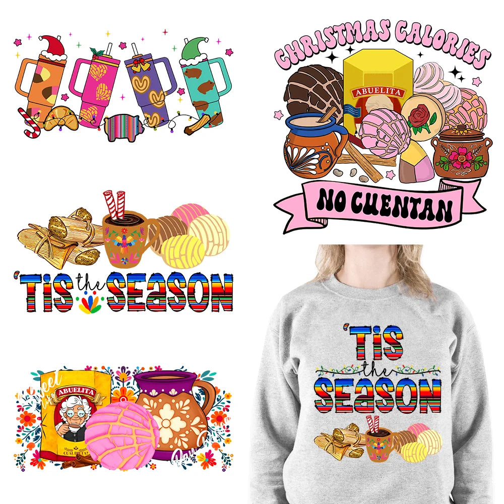 New Latin Culture Christmas Conchita It's Cold Outside No Dieta Season Calorias No Cuentan DTF Heat Transfer Sticker For Hoodies