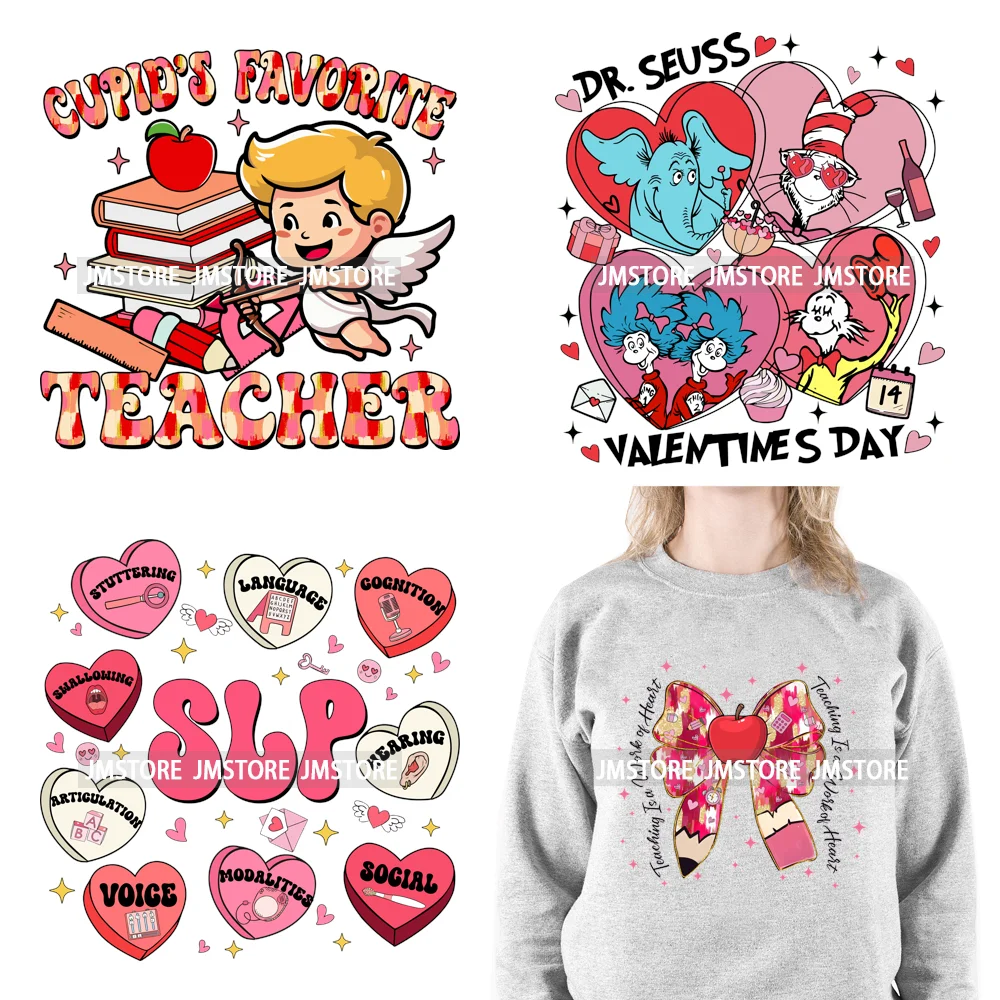 Pink Reading Love School In My Valentine Era Cupid Favorite Teacher Iron On DTF Transfers Stickers Ready To Press For Clothing