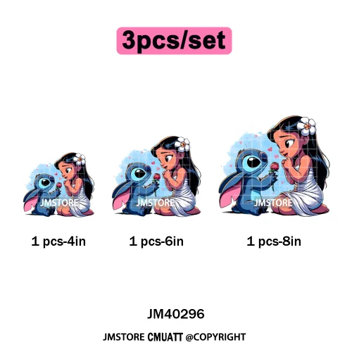 Cute Cartoon Blue Animal Princess Best Friends Designs Iron on DTF Washable Transfers Stickers Ready to Press for Clothing Bags