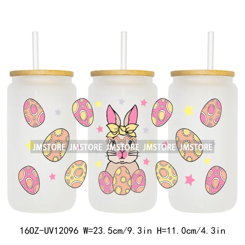 Retro Easter Bunny Rabbit Eggs Flowers 16OZ UV Cup Wrap DTF Transfer Stickers For Libbey Glass Can Cup Tumbler Waterproof Labels