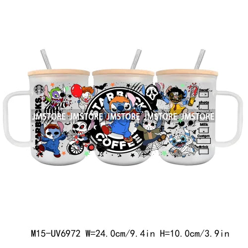 Horror Halloween Cartoon Scary Movie UV DTF Glass Can Wrap For 15OZ Mug Coffee Cup Transfer Sticker DIY Custom Logo Labels Skull