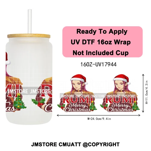 Kpop Demon Inspired Movie Christmas Santa Hat 16OZ UV DTF Cup Wrap Ready To Apply Durable Transfer Stickers For Libbey Glass Can