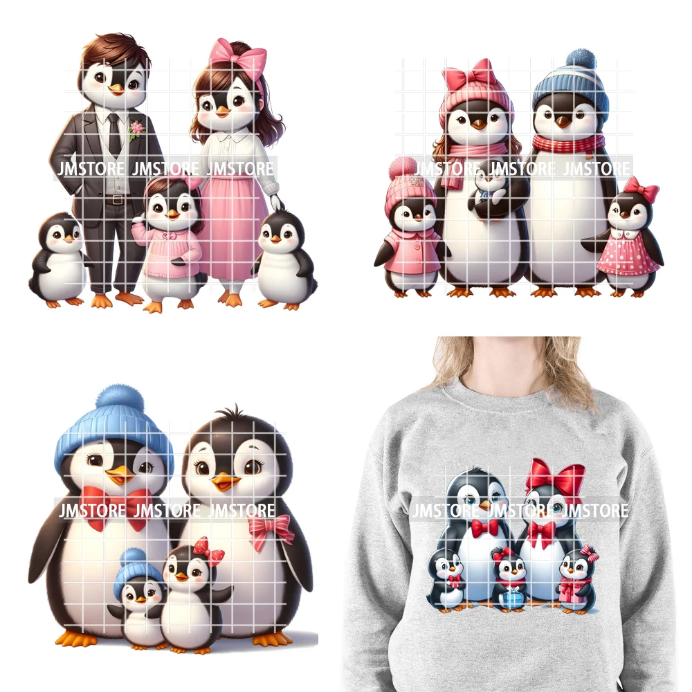 Cute Animal Penguins Coquette Hat Family Mom Father Baby Lovers Iron on DTF Heat Transfer Stickers Ready to Press for Hoodies