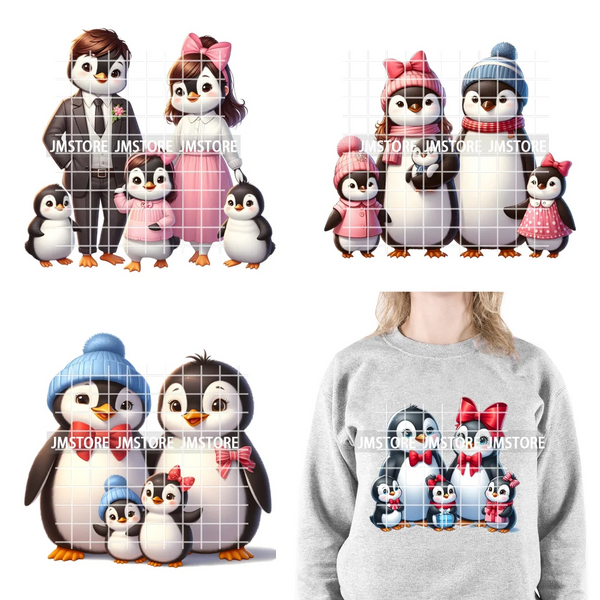 Cute Animal Penguins Coquette Hat Family Mom Father Baby Lovers Iron on DTF Heat Transfer Stickers Ready to Press for Hoodies