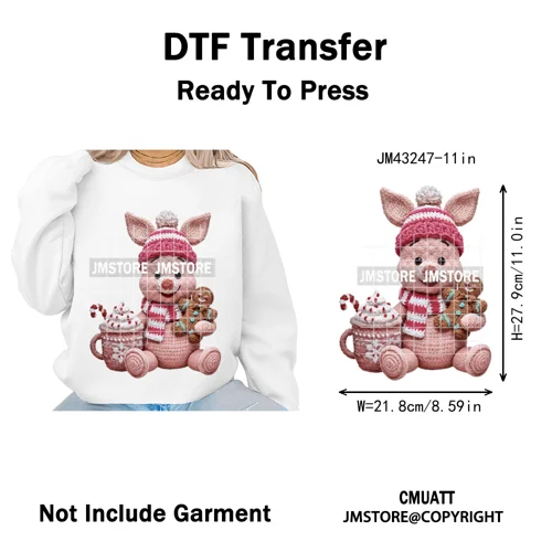 Hot Cocoa Coffee Lover Cartoon Faux Yarn Christmas Xmas Iron on Washable DTF Transfers Stickers Ready to Press for Sweatshirts