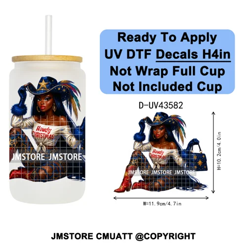 Howdy Afro Black Cowgirl Christmas UV DTF Decals Ready To Apply Waterproof Transfer Stickers For 16OZ Libbey Glass Can Bottle