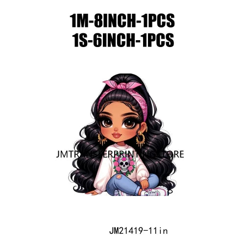 Pink Bow Long Hair Chibi Cute Chicana Doll Girls With Earing Washable Iron On DTF Transfers Stickers Designs For Sweatshirt