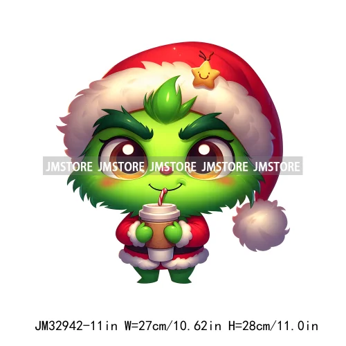 Cute Green Baby Cartoon Santa Claus Christmas Vibes Xmas Holiday Iron On DTF Transfers Stickers Ready To Press For Sweatshirts