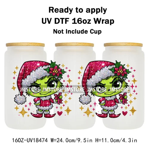 Faux Glitter Christmas Girl Green Guy UV DTF Stickers Ready To Apply Cup Wrap Custom Labels DIY Craft For Libbey Glass Can Mugs