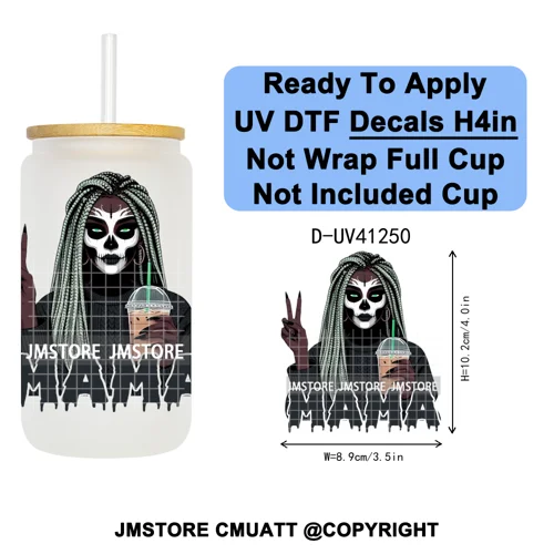 Black Girl Horror Characters Halloween Coffee UV DTF Transfer Sticker Decals Ready To Apply Waterproof For 16OZ Libbey Glass Can