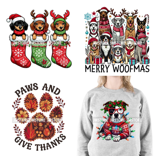 Dog Cat Pets Mom Christmas Season Merry Woofmas Paws And Give Thanks Iron On DTF Transfer Stickers Ready To Press For Sweatshirt