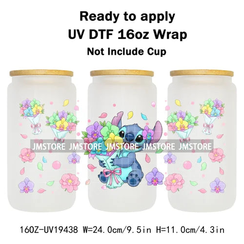 Cartoon Holding Bouquet Flowers UV DTF Cup Wrap Ready To Apply Transfer Stickers Durable 16OZ Tumbler Wraps For Libbey Glass Can