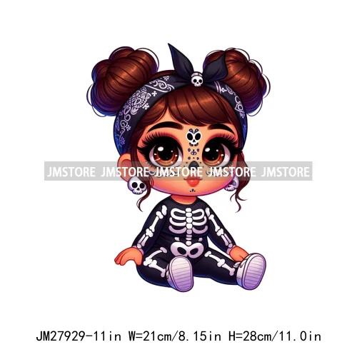 Halloween Skeleton Latina Baby Chibi Hispanic Girls Spooky Season DTF Iron On Transfers Stickers Ready To Press For Clothing