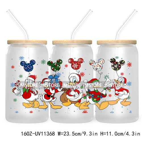 Cute Kids Cartoon Character With Christmas Lights Tree Xmas Holiday UV DTF Transfer 16OZ Libbey Glass Can Wrap Ready to Apply