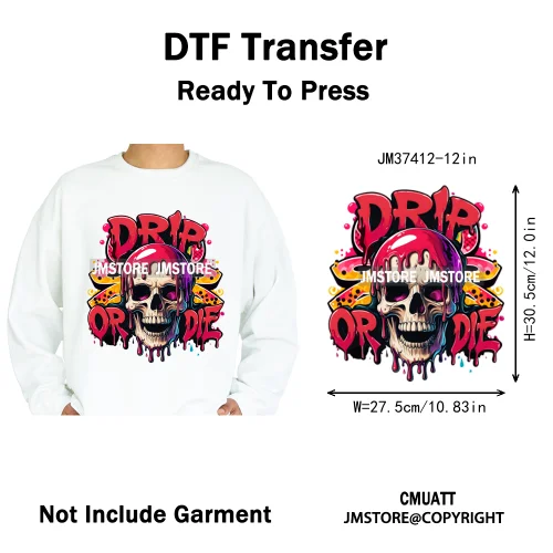 12in Dino Trucks Drip Or Die Skull Beats Graffiti Streetwear Man Design Iron on DTF Transfer Stickers Ready to Press for Clothes