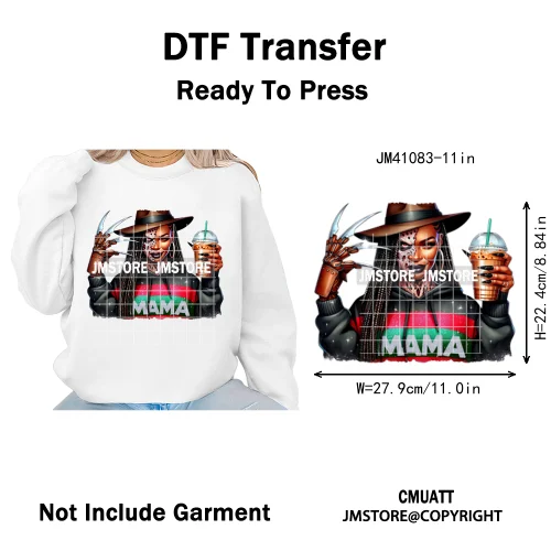 Horror Afro Mama Coffee Lover Scary Girly Killer Halloween Movie Iron on DTF Transfers Stickers Ready to Press for Textile Bags