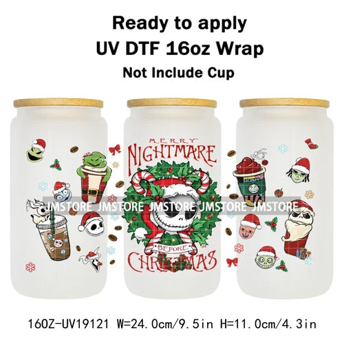 Skeleton Nightmare Before Christmas UV DTF Transfer Sticker Cup Tumbler Wrap For 16OZ Libbey Glass Wraps Bottle Mug DIY Labels