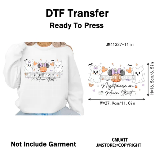 Trick or Treat Down Main Stree Cartoon Coquette Ghost Boo Halloween Iron on DTF Transfers Stickers Ready to Press for T-shirts
