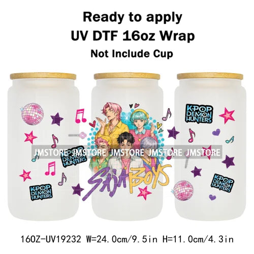 Kpop Saja Boys Bands Demon Hunter UV DTF Wraps Transfer Sticker Selfadhesive Waterproof High Quality For 16OZ Libbey Glass Can